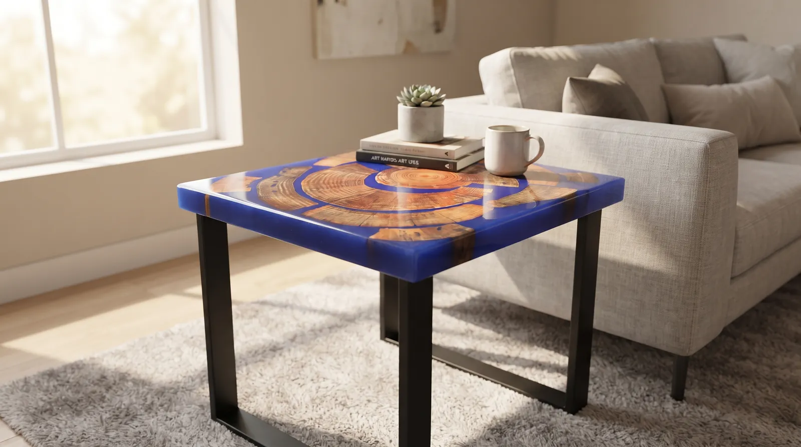 Mesa auxiliar artesanal cuadrada con rodaja de tronco fragmentada en resina azul cobalto, Carpintería Cardiel