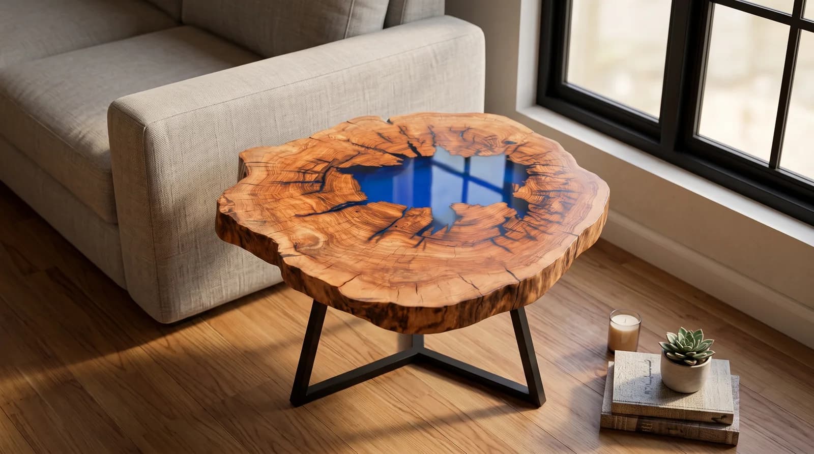 Mesa auxiliar artesanal de rodaja de tronco de árbol natural con resina azul en lago central, Carpintería Cardiel