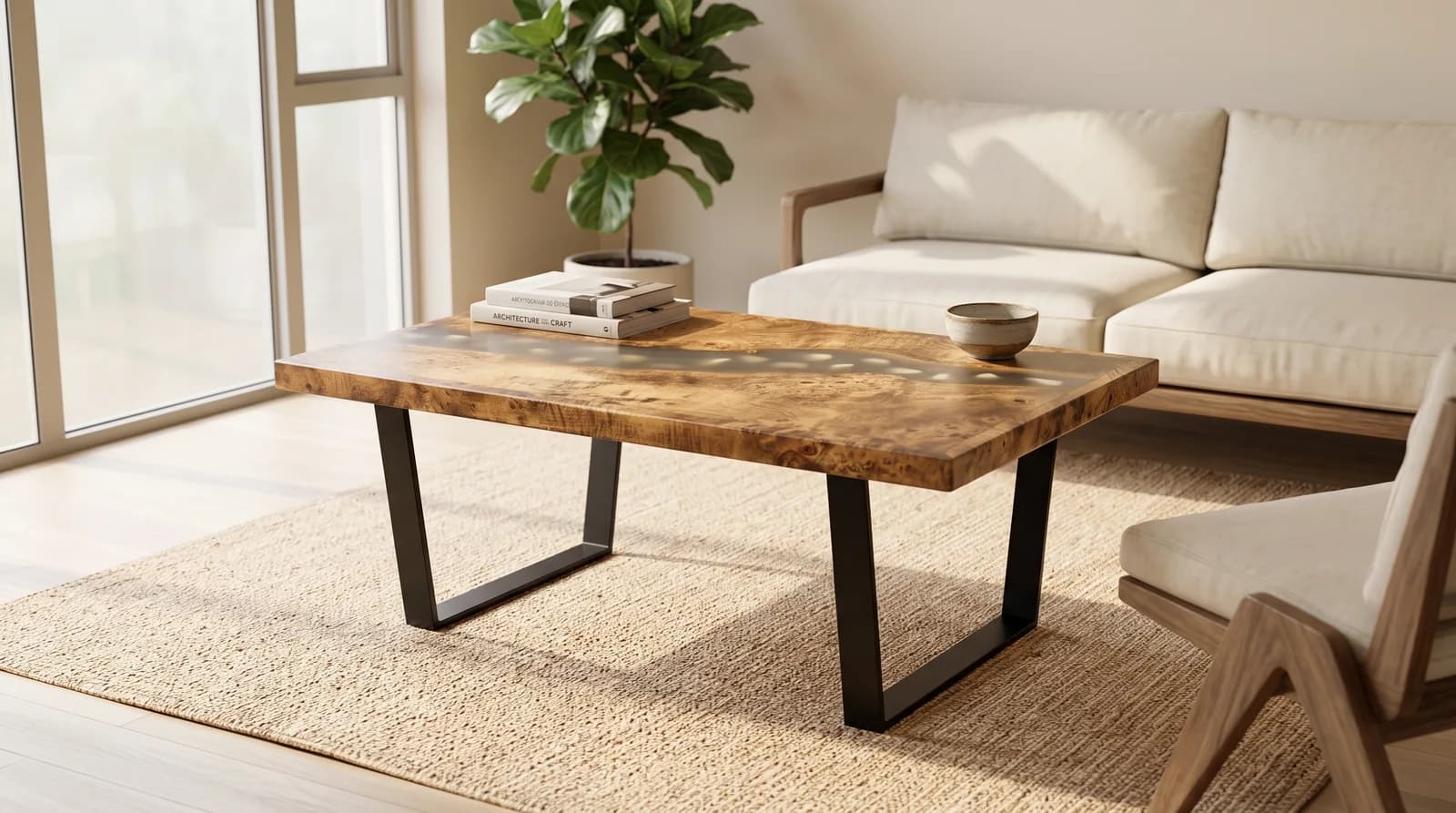 Mesa de centro artesanal con resina ámbar y cantos rodados en salón con luz natural, Carpintería Cardiel