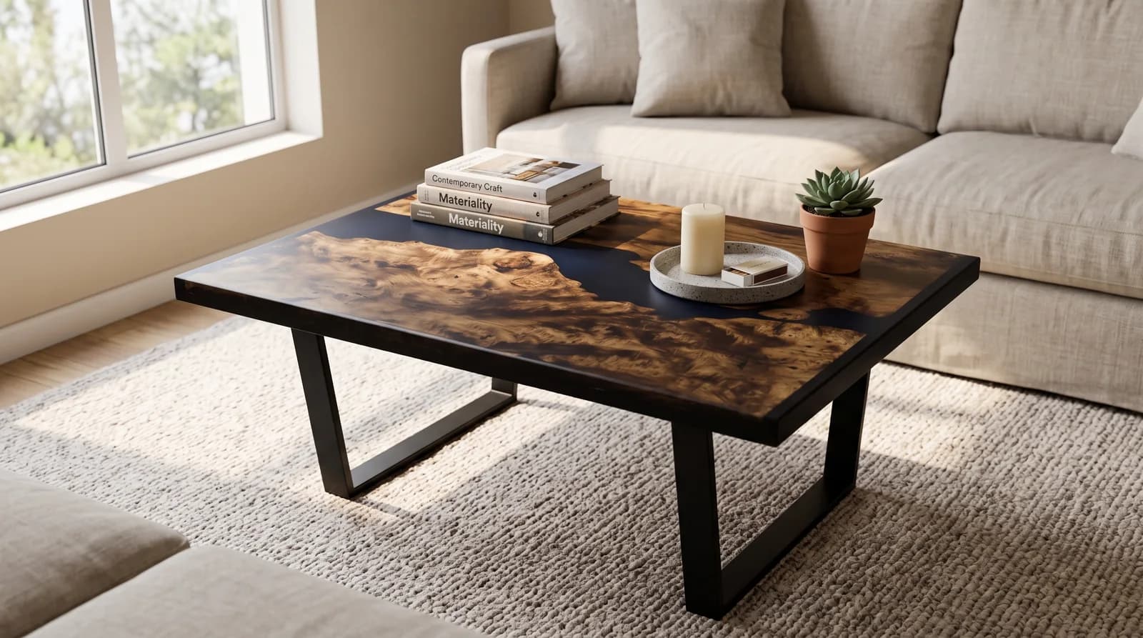 Mesa de centro de madera de raíz noble con río de resina epoxi negro brillante pulido a espejo en salón elegante
