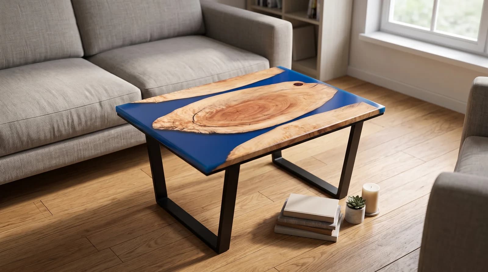 Mesa de centro artesanal con rodaja central de madera y lago de resina azul océano junto a sofá en salón moderno