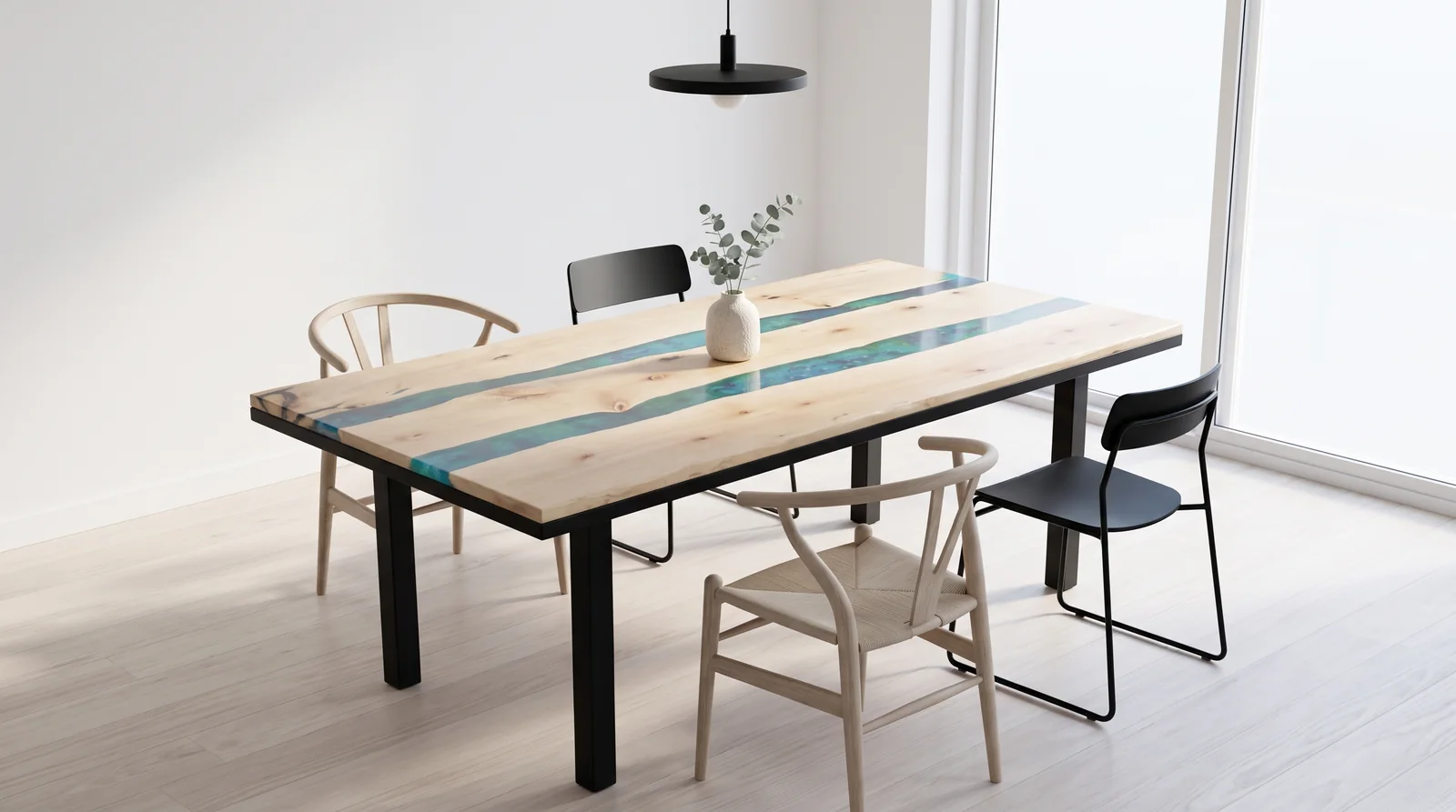 Mesa de comedor de autor con doble río de resina epoxi turquesa y roble en comedor moderno, Carpintería Cardiel España