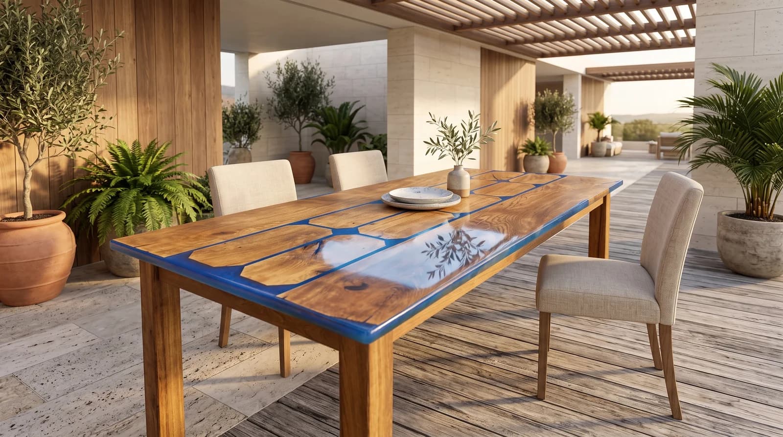 Mesa de comedor con mosaico de bloques de roble y resina azul translúcida en terraza acristalada, hecha a mano en España