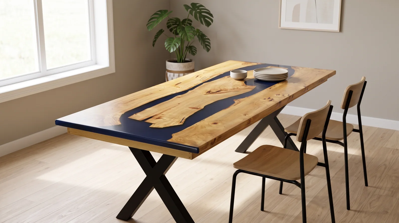 Mesa de comedor de resina epoxi azul zafiro y roble macizo con patas en X, elaboración artesanal en Carpintería Cardiel