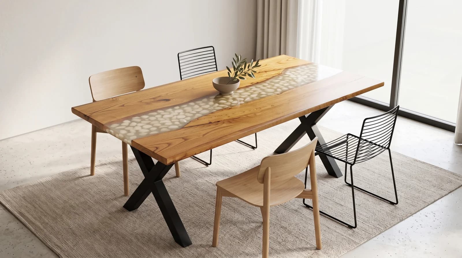 Mesa de comedor artesanal con piedras de río blancas bajo resina cristalina y patas de acero en X, Carpintería Cardiel