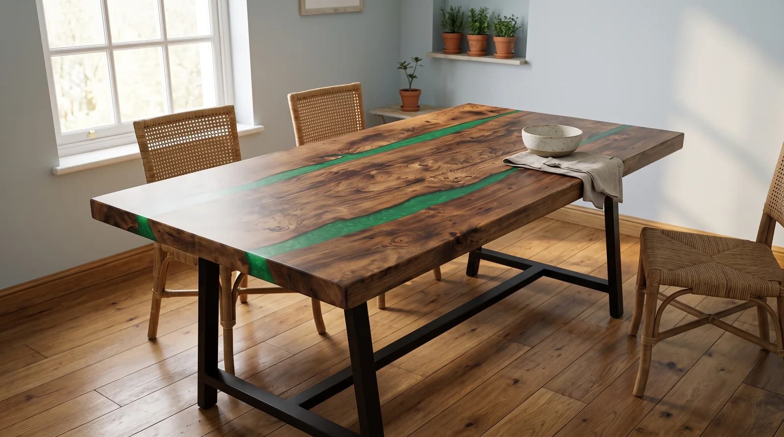 Mesa de comedor con río verde esmeralda perlado y madera noble tostada en salón comedor rústico contemporáneo