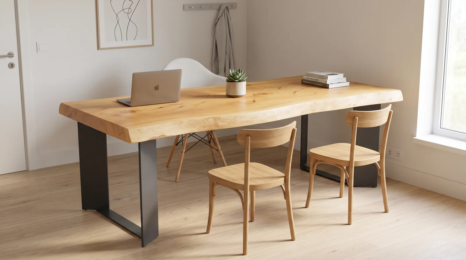 Mesa de comedor y escritorio en madera maciza de roble con cantos vivos live edge y patas metálicas, Carpintería Cardiel Binéfar
